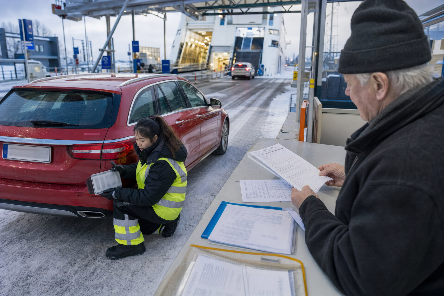 Exportregistrierungsdokumente, Schilder und Transportzeitleiste für ein Auto aus Finnland