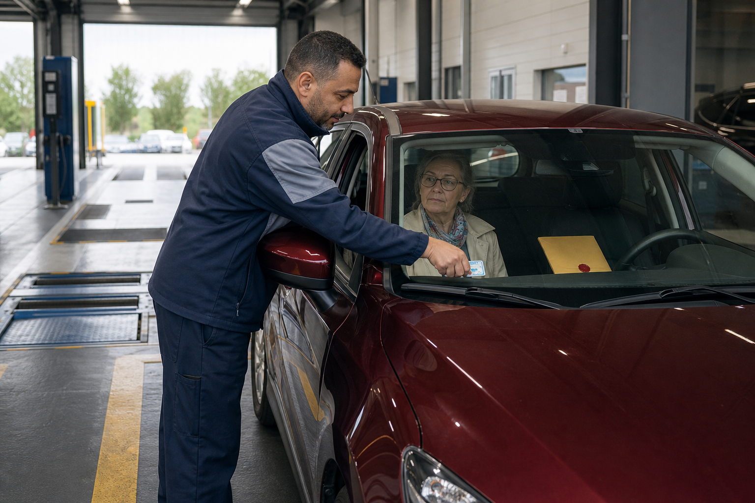 A male technician carries out an official technical inspection of a car in Belgium with the control documents in view