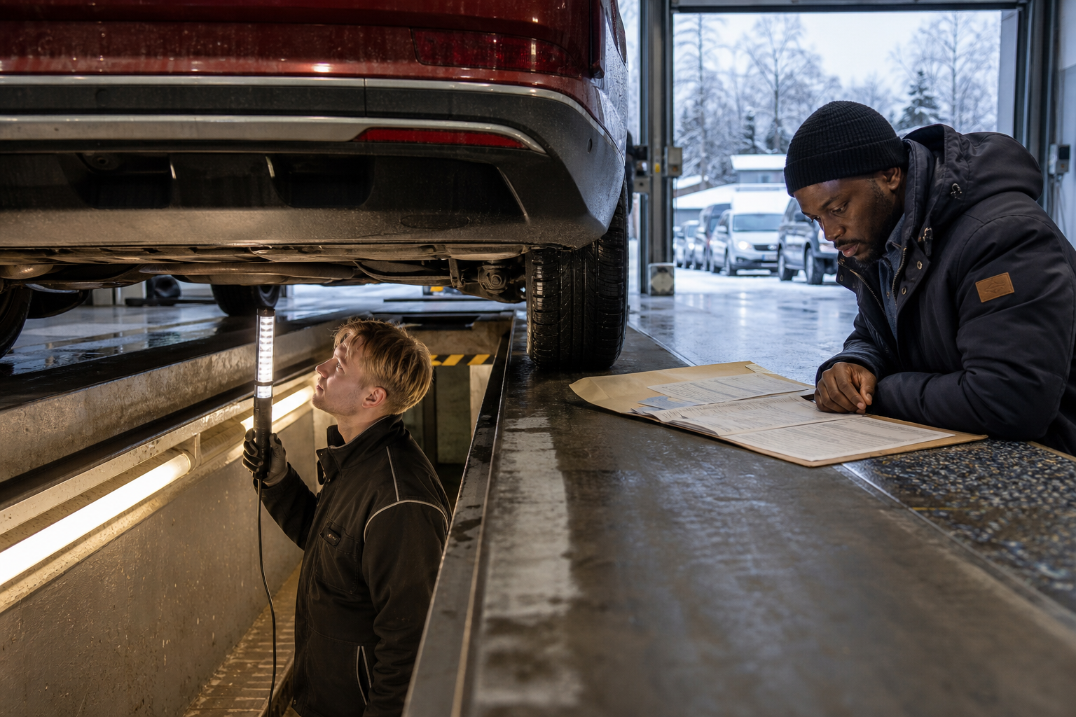 Prüfung der Ausfuhrdokumente und des Unterbodens eines aus Finnland importierten Autos