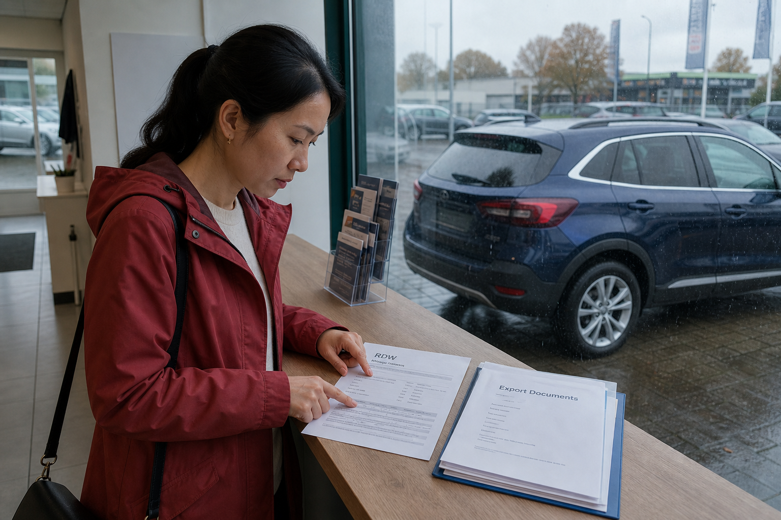 Ein Käufer prüft RDW-Daten und die Exportdokumente eines Autos in den Niederlanden