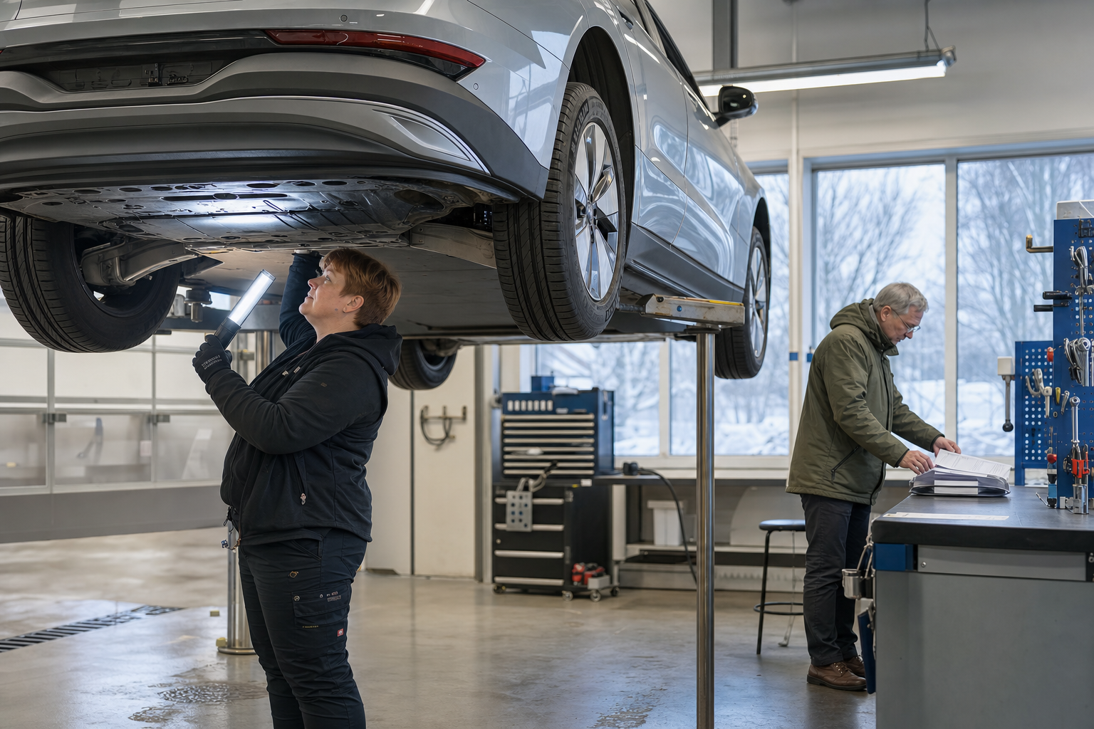 Checking the underside and documents of a car being bought in Sweden